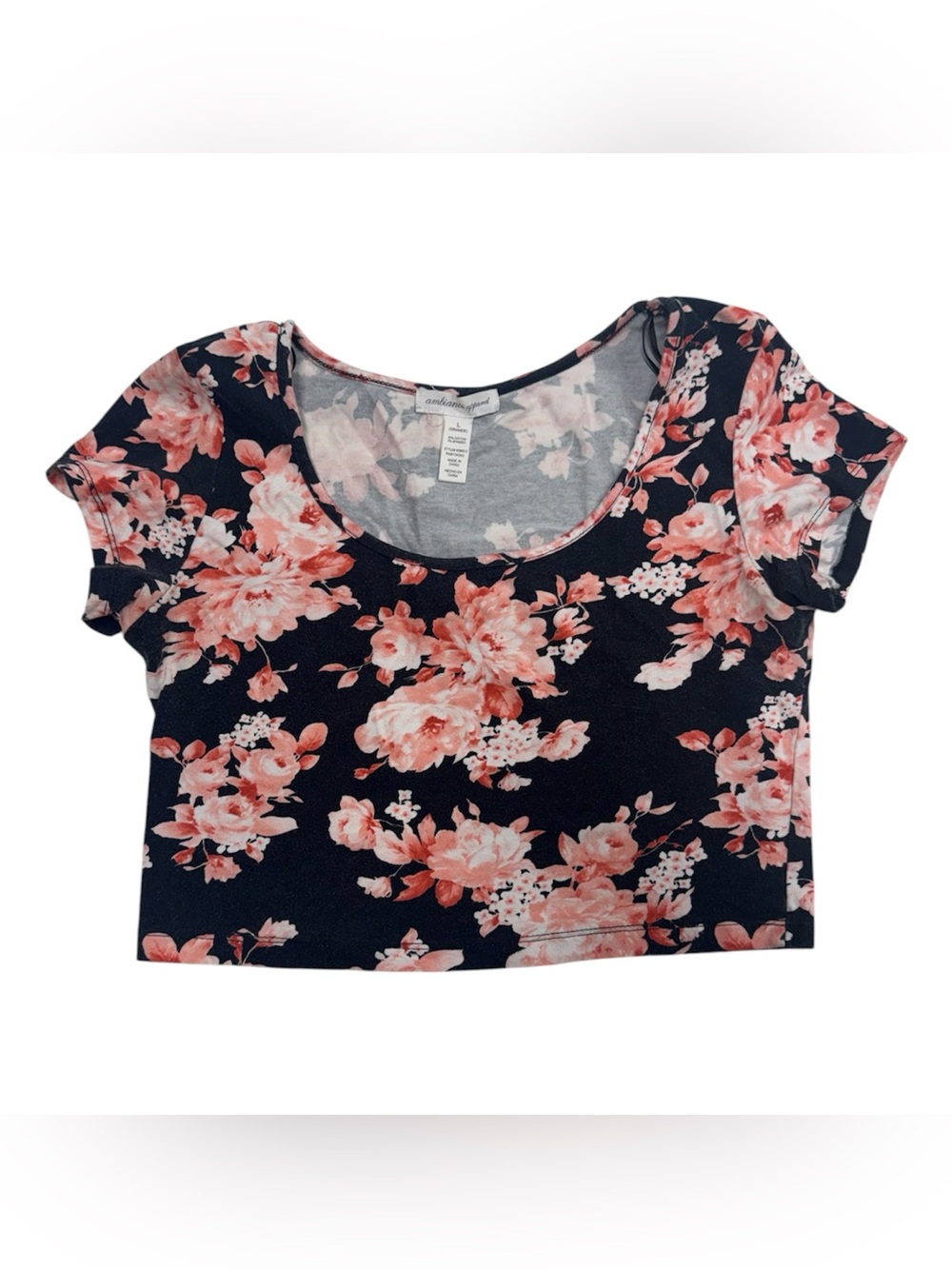 Ambiance Apparel brand size large short sleeve crop top style flower shirt.